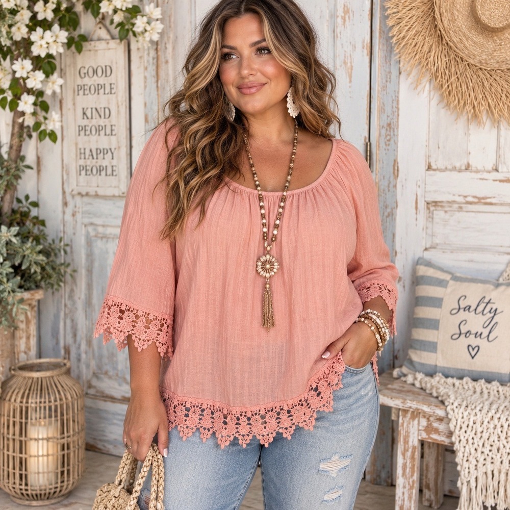 Always Indigo Coral Pink Crochet Lace Trim Peasant Blouse Top Size 2X Boho
